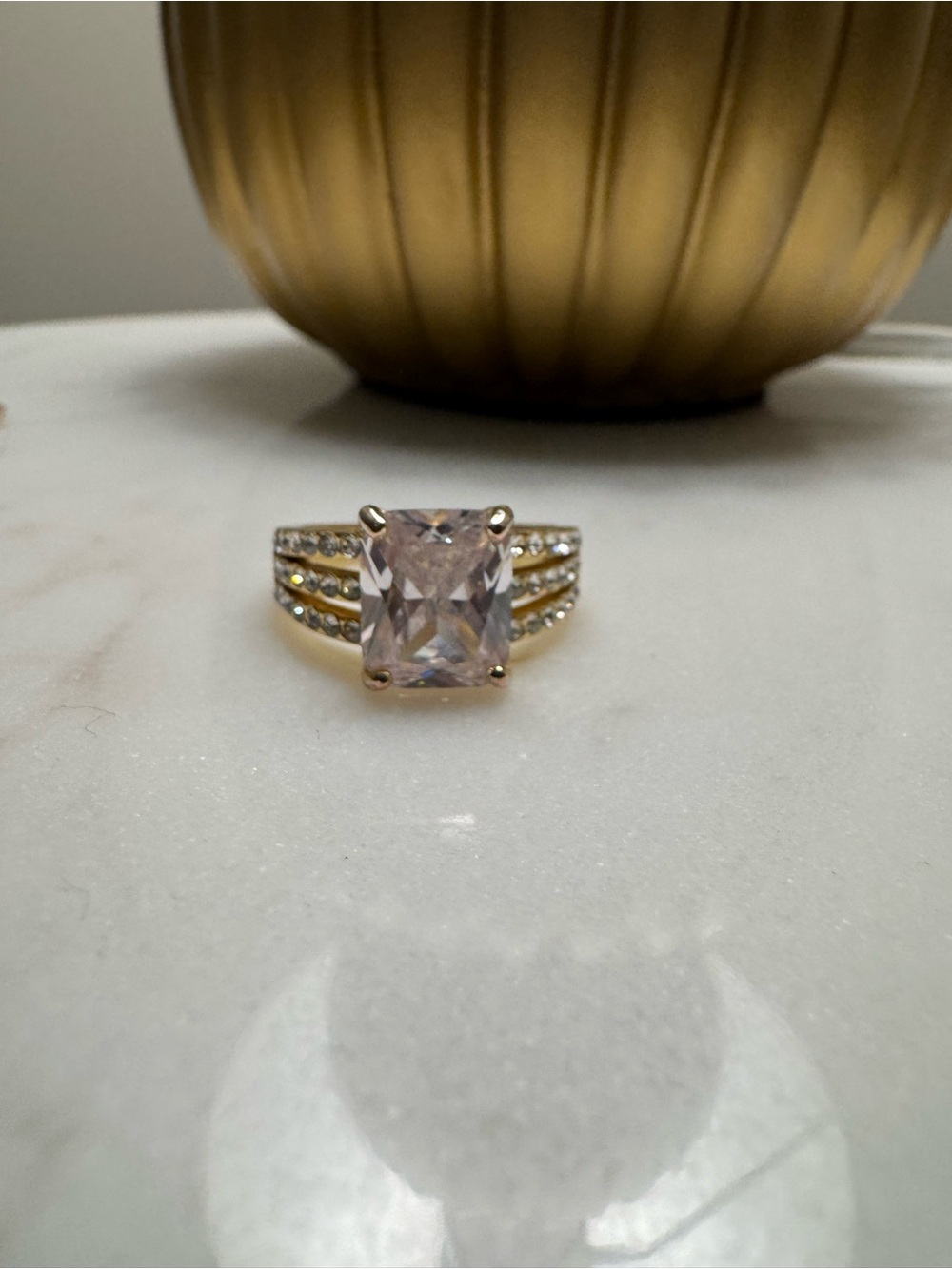 Gold-Tone Ring with clear Cushion Center Stone and Pave Band 8